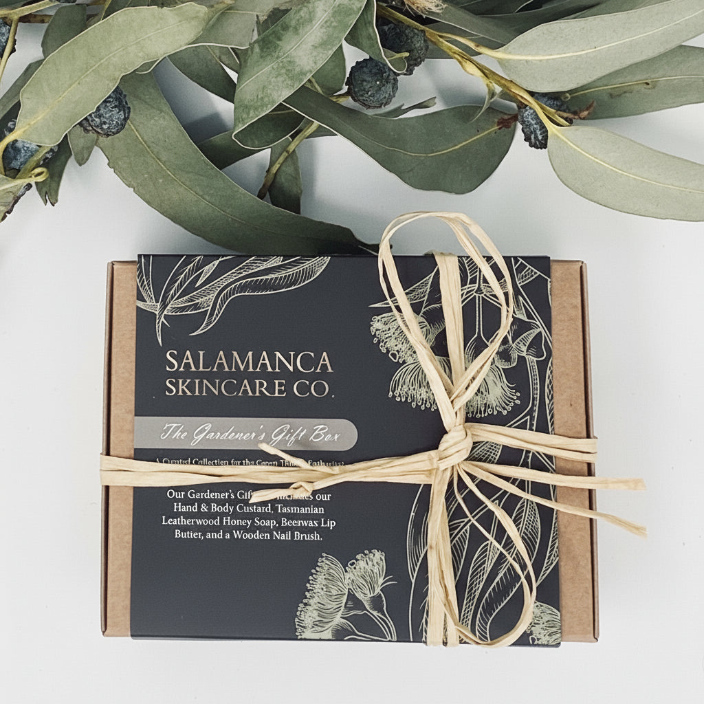 Gift box from Salamanca Skincare Co with decorative string on a white background