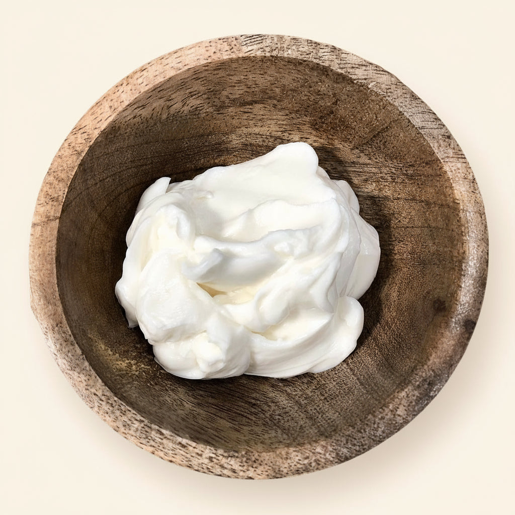 Wooden bowl with a scoop of white cream on a white background