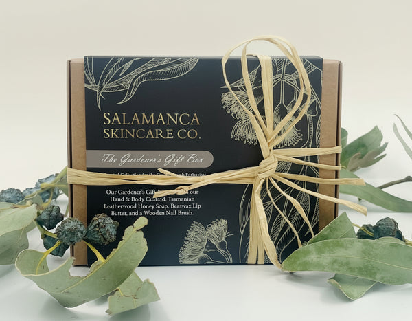 Gift box from Salamanca Skincare Co with decorative string and greenery on a white background