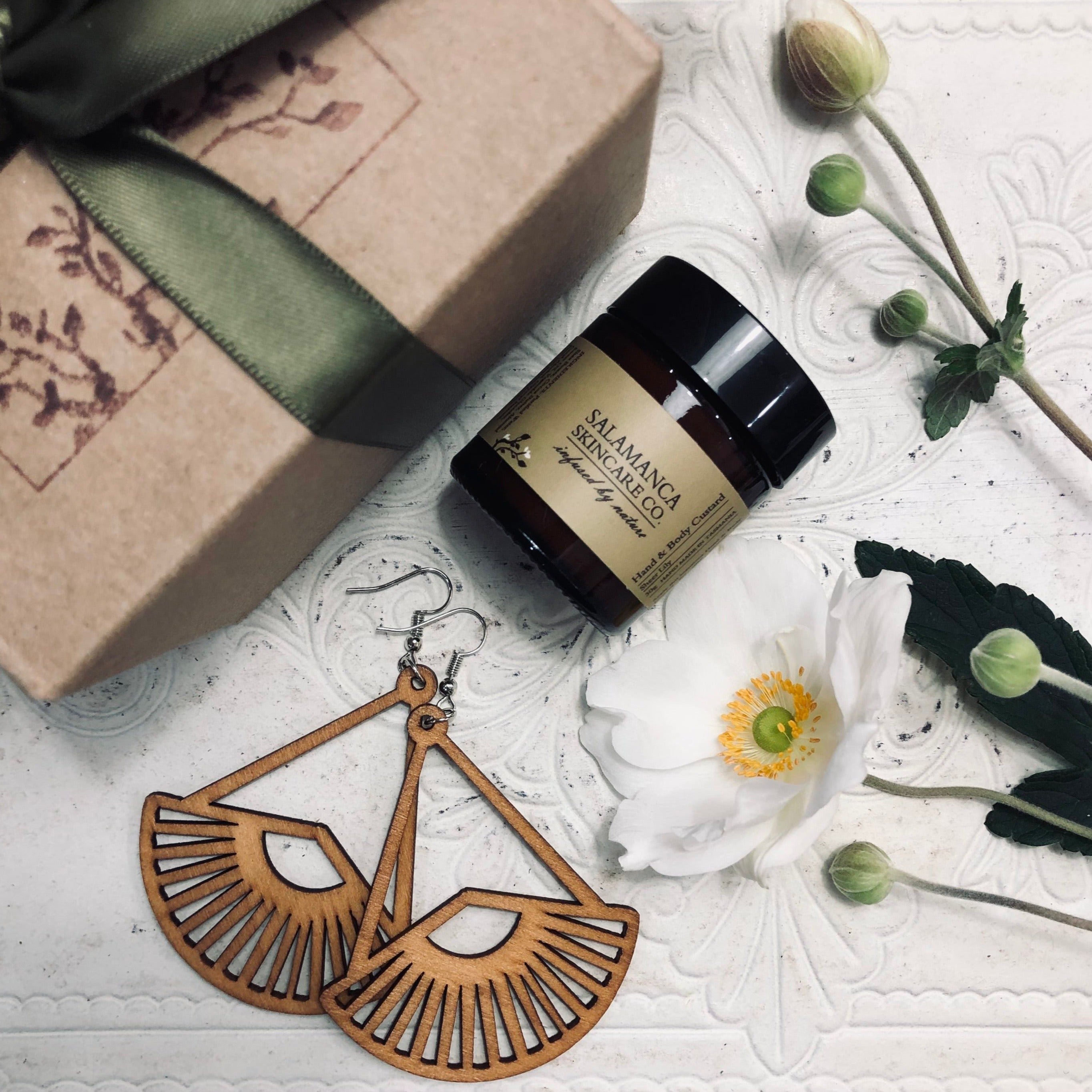 Lily Scarlett Earrings & Custard Gift Box-Tasmanian gift hamper-Salamanca Skincare Co.